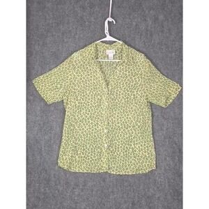 Jordan Womens XL Green Yellow Leopard Animal Print Short Sleeve Button Up Blouse